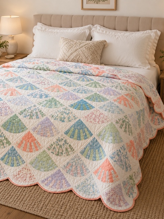 Other - Vintage Handmade Patchwork Quilt Cottagecore Floral Fan Quilt 92x83 Pastel Scall